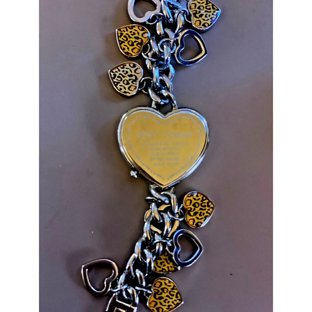 RARE BETSEY JOHNSON Cheetah Heart Charm Watch, Chain, Original Gold / Pink Chest